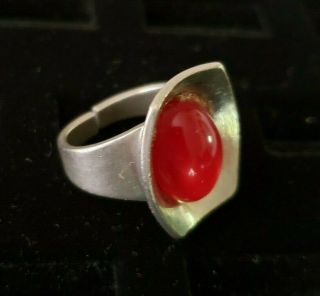 Vintage Modernist Jorgen Jensen Denmark Signed Pewter Red Stone Ring Adj Size