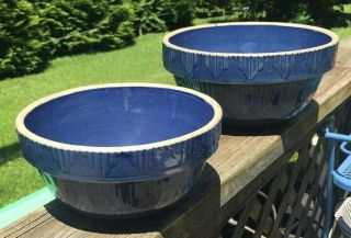 2 Vintage Stoneware Mixing Bowl Blue Cobalt Picket Fence 10 " & 8 " Salt Glazed