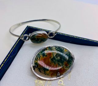 Vintage Sterling Silver Scottish Moss Agate Bangle And Brooch/pin (malcolm Gray)