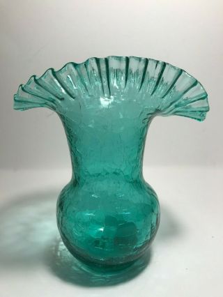 Vintage Blenko Ruffled Vase 390 Sea Green Crackle Signed