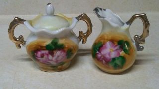 Vintage Small Cream And Sugar Set Brown/ Pink Floral