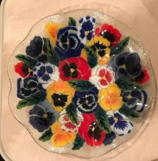Vintage Peggy Karr Signed Fused Art Glass Crimped Pansy Flower 10 3/4 Inch Bowl