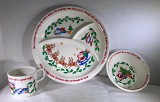 Vtg Child Christmas Poem Dish Set 3 Pc Melamine Divided Plate Bowl 6 Oz Mug 1987