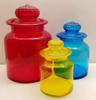 Vintage Red Blue Yellow Handblown Glass Cannister Set Ground Glass Lids