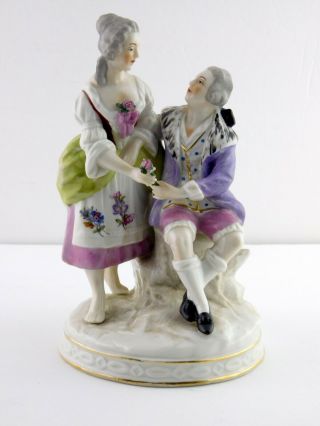 Vintage Germany Porcelain Bud Vase Figurine Romantic Couple Applied Rose N Crown