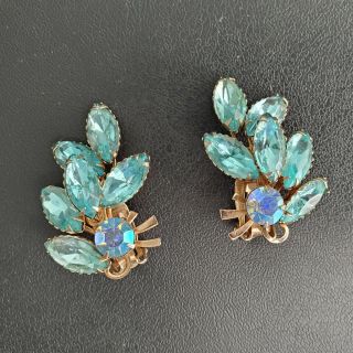 Unsigned Beau Jewels Vintage Aqua Blue Marquise Rhinestone Flower Earrings S81