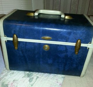 Vintage Samsonite Dark Blue Train Case / Makeup Travel Luggage