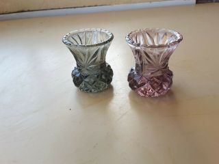 Two Vintage Pink Green/grey Glass Thistle Bud Vases - Art Deco 1930’s Set 3