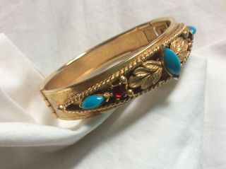 Vtg Florenza Turquoise Garnet Gold Tone Victorian Style Floral Bangle Bracelet