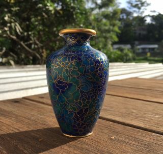 Vintage Cloisonne Blue Green Gold Vase Small Asian Flower Vase