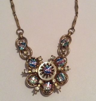 Gorgeous Vintage Signed Coro Gold Tone Necklace With Rhinestones 15.  5 "