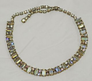 Vintage Aurora Borealis Rhinestone Necklace - Prong Set Emerald And Round Cut