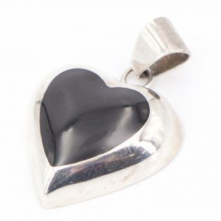 Vtg Sterling Silver - Mexico Taxco Onyx Inlay Heart Pendant - 11.  5g