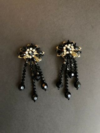 Vintage Pr.  Of Signed Lois Ann Black Crystal Dangle Clip On Earrings Jewelry