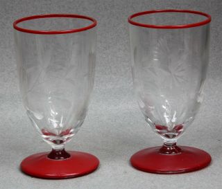 Vintage Set Of 2 Floral Etched Footed Cordials W/bright Red Top Trim & Bases