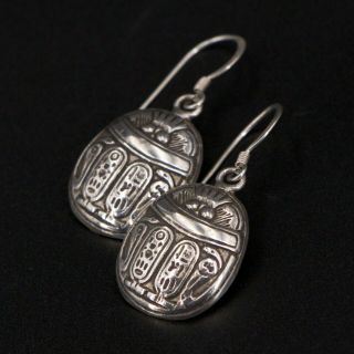 Vtg Sterling Silver - Egyptian Scarab Beetle Hieroglyphics Dangle Earrings - 12g