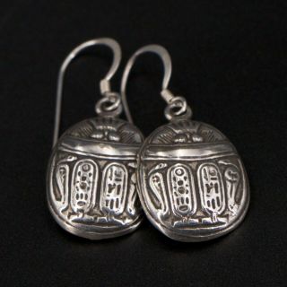 VTG Sterling Silver - Egyptian Scarab Beetle Hieroglyphics Dangle Earrings - 12g 2