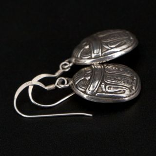 VTG Sterling Silver - Egyptian Scarab Beetle Hieroglyphics Dangle Earrings - 12g 3