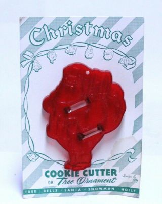 Vintage Red Plastic Hrm Christmas Santa Claus Cookie Cutter W/ Card