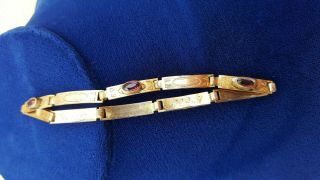 Vintage Brass Panel,  Engraved,  And Amethyst Cabochon Bracelet - Victorian