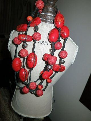 Wonderful Vintage Chunky Coral Wooden Beaded Long Necklace
