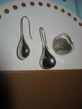 Vtg Modernist Sterling Silver Earrings Atomic Liquid Metal Tear Drop Kiss 1980s