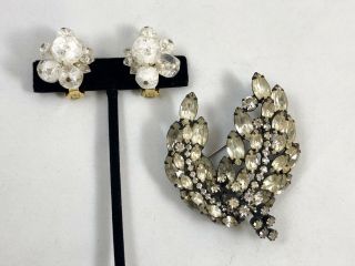 Vintage Hattie Carnegie Signed Rhinestone Brooch & Cluster Lucite Bead Earrings