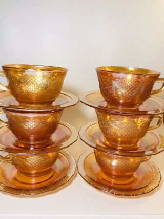 Vintage 1930’s Federal Glass Carnival Normandie Bouquet Lattice Cups & Saucers