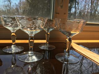 4 Vintage Etched Champagne Glasses
