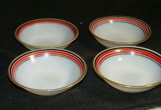 Vintage Art Deco Red Black Gold Stripe Hazel Atlas Platonite Set Of 4 Soup Bowls