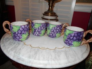 Set 4 Vintage Retired Fitz And Floyd Hand Painted Ceramic Grape Arbor Cups Mugs