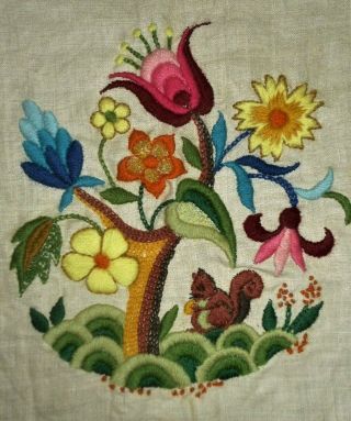 Vintage Jacobean Floral Squirrel Finished Completed Wall Art Crewel Embroidery