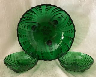Vintage Green Depression Glass Hobnail Swirl Footed Serving Bowl & 2 Smaller