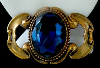 Vintage Not For The Faint Of Heart 3 " Art Nouveau Brass Sapphire Glass Brooch