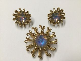Vtg Sarah Coventry Mystic Blue Opal Rivoli Rhinestone Pin Brooch Earrings Set