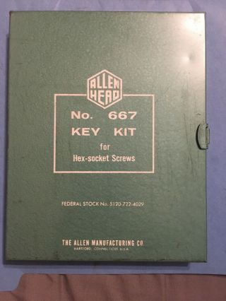 Vintage Allen Head No.  667 Key Kit For Hex - Socket Screws,  Metal Index Box,  18 Pc