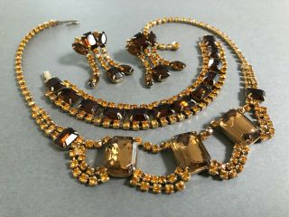Vintage Necklace Bracelet Earring Set Amber Glass Rhinestone Deco Wedding 043