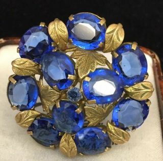 Vintage Art Deco Jewellery Fabulous Cobalt Blue Faceted Crystal Flower Brooch
