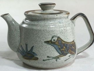 Vtg Shafford Misty Morn Pottery Tea Pot W Lid Gray Speckled Blue Tan Frog 36 Oz