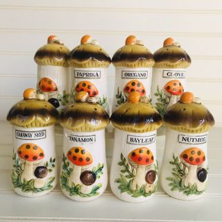 Set Of 8 Vintage Kitchen 1976 Sears Merry Mushrooms Ceramic Spice Shaker Jars