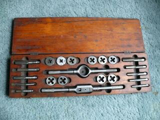 Vintage Greenfield Vermont Sae 1/4 To 1/2 Tap & Die Set Wooden Box Usa Made