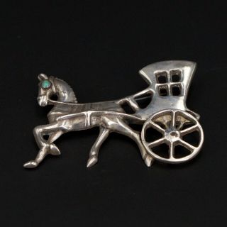 Vtg Sterling Silver Mexico Solid Horse Carriage Turquoise Eye Brooch Pin - 23.  5g