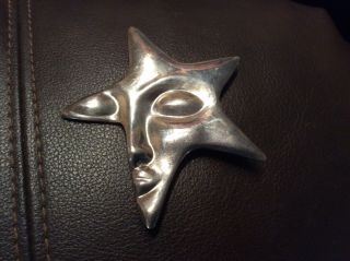 Vtg Mexico 925 Sterling Silver Star With Moon Face Large Pin Brooch Unique 2