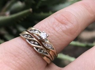 Estate Vintage 14k Gold Diamond Solitaire Engagement Ring And Matching Band Set