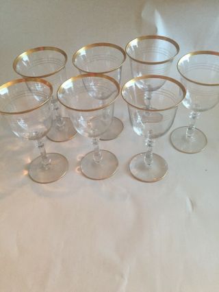 Set Of 7 Gold Rimmed Vintage Wine Glasses,  Gold Stripes,  Gold Rimmed Bases