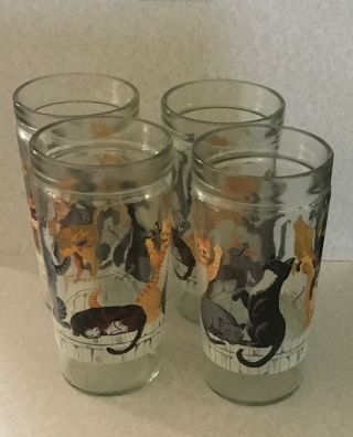 4 Vintage Drinking Glasses Dancing Cats On Fence Anchor Hocking Jelly Jars