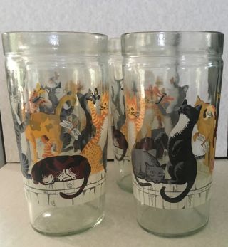4 Vintage Drinking Glasses Dancing Cats on Fence Anchor Hocking Jelly Jars 2