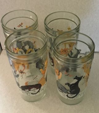 4 Vintage Drinking Glasses Dancing Cats on Fence Anchor Hocking Jelly Jars 3