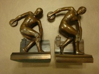 Vintage 1924 Jb Jennings Brothers Bronze Bookends Nude Man Throwing Discus