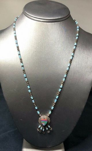 Vintage Navajo Sterling Silver Beaded Turquoise Black Onyx 20in Necklace Pendant
